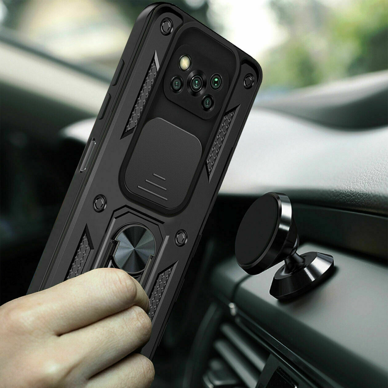 Protectores para celular  para Xiaomi  Pocophone Poco X3 NFC Funda reforzada con anillo v3 cubre c�mara Negro